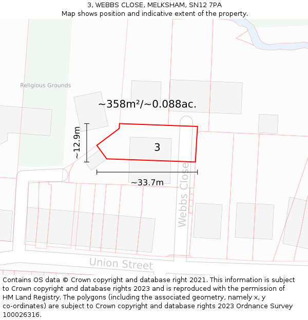 3, WEBBS CLOSE, MELKSHAM, SN12 7PA: Plot and title map