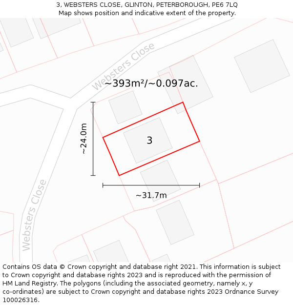 3, WEBSTERS CLOSE, GLINTON, PETERBOROUGH, PE6 7LQ: Plot and title map