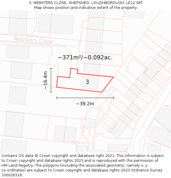 3, WEBSTERS CLOSE, SHEPSHED, LOUGHBOROUGH, LE12 9AT: Plot and title map