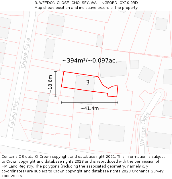 3, WEEDON CLOSE, CHOLSEY, WALLINGFORD, OX10 9RD: Plot and title map