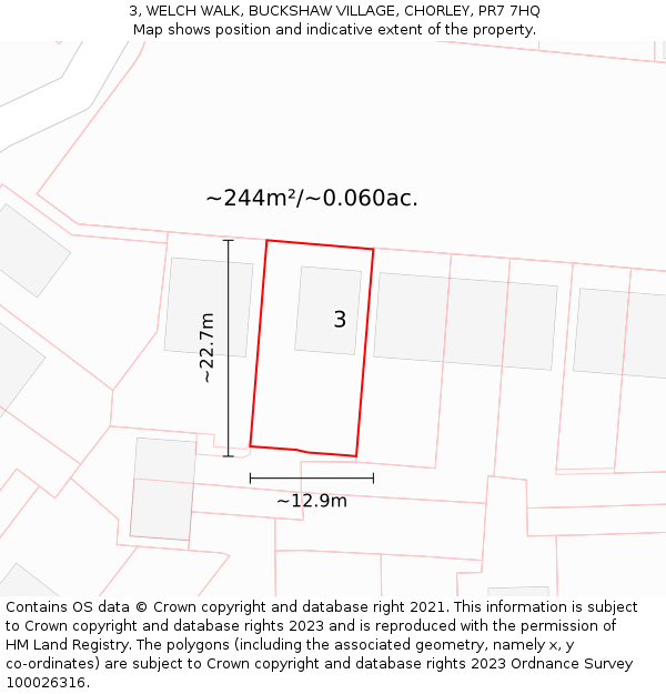3, WELCH WALK, BUCKSHAW VILLAGE, CHORLEY, PR7 7HQ: Plot and title map