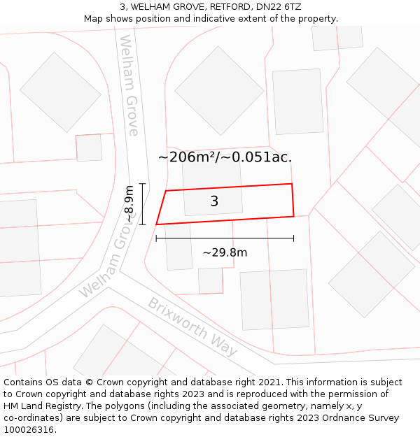 3, WELHAM GROVE, RETFORD, DN22 6TZ: Plot and title map