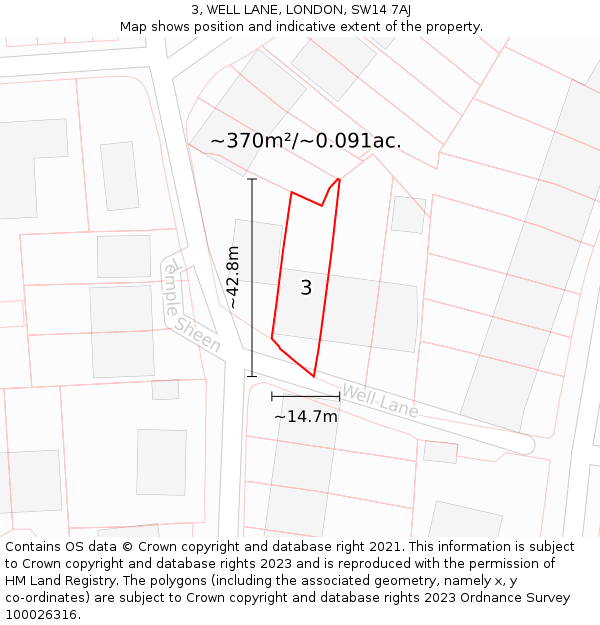 3, WELL LANE, LONDON, SW14 7AJ: Plot and title map
