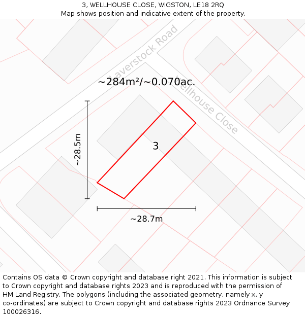 3, WELLHOUSE CLOSE, WIGSTON, LE18 2RQ: Plot and title map