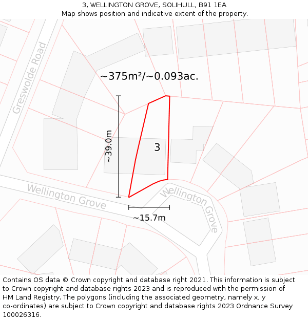 3, WELLINGTON GROVE, SOLIHULL, B91 1EA: Plot and title map