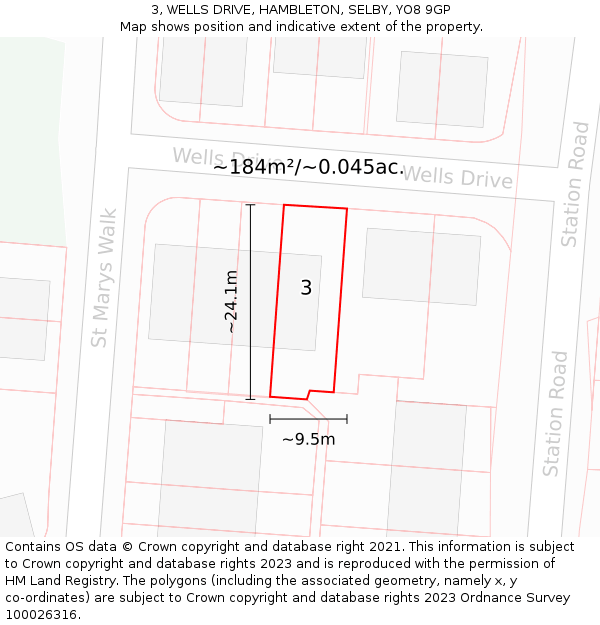 3, WELLS DRIVE, HAMBLETON, SELBY, YO8 9GP: Plot and title map