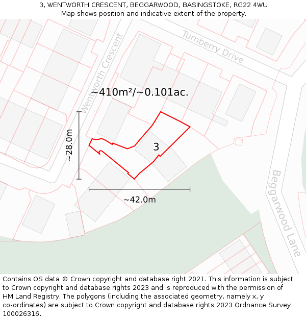3, WENTWORTH CRESCENT, BEGGARWOOD, BASINGSTOKE, RG22 4WU: Plot and title map