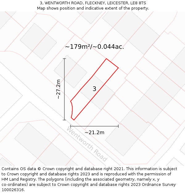 3, WENTWORTH ROAD, FLECKNEY, LEICESTER, LE8 8TS: Plot and title map