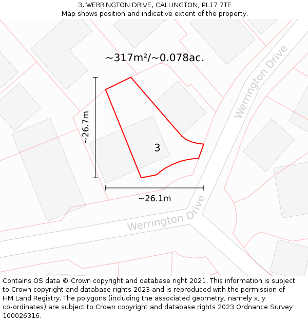 3, WERRINGTON DRIVE, CALLINGTON, PL17 7TE: Plot and title map