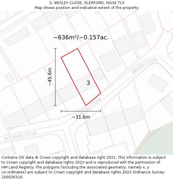 3, WESLEY CLOSE, SLEAFORD, NG34 7LX: Plot and title map