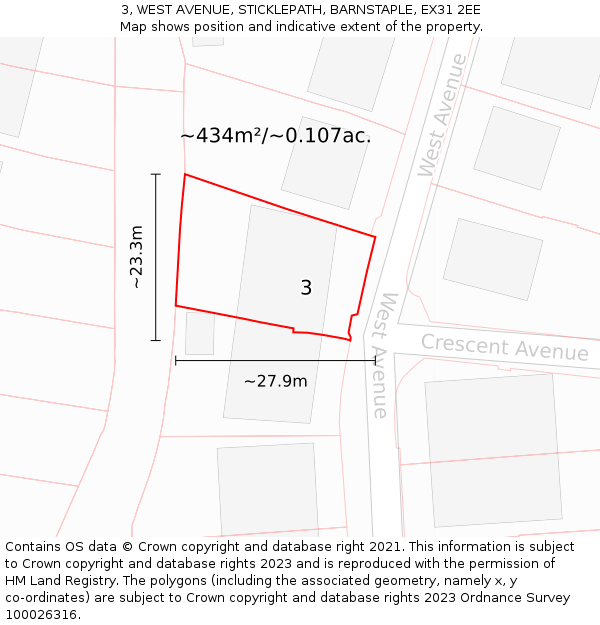 3, WEST AVENUE, STICKLEPATH, BARNSTAPLE, EX31 2EE: Plot and title map