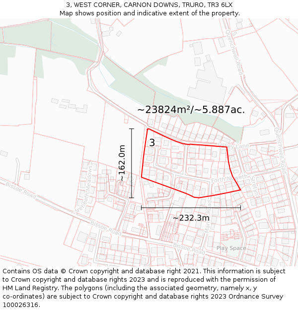 3, WEST CORNER, CARNON DOWNS, TRURO, TR3 6LX: Plot and title map