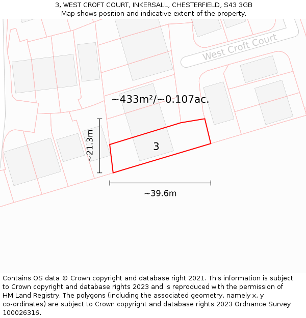3, WEST CROFT COURT, INKERSALL, CHESTERFIELD, S43 3GB: Plot and title map