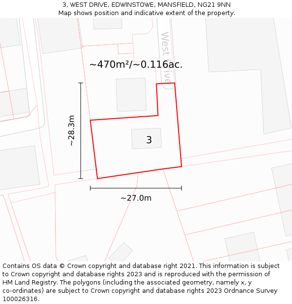 3, WEST DRIVE, EDWINSTOWE, MANSFIELD, NG21 9NN: Plot and title map
