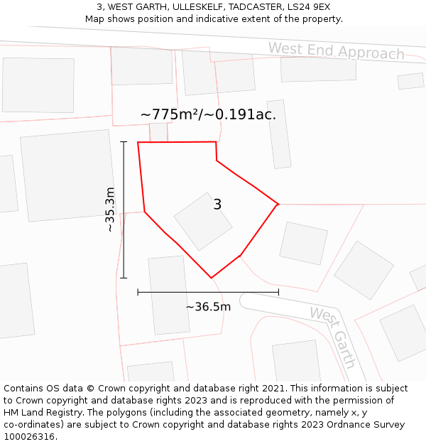 3, WEST GARTH, ULLESKELF, TADCASTER, LS24 9EX: Plot and title map