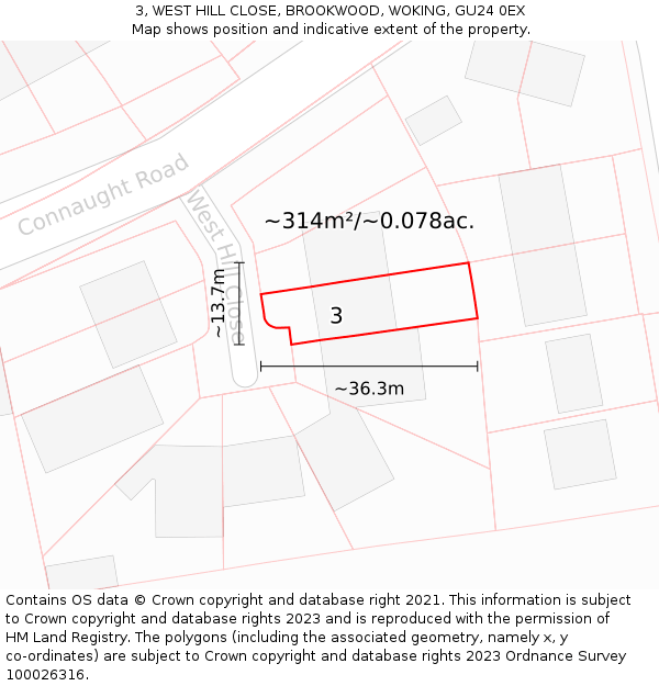 3, WEST HILL CLOSE, BROOKWOOD, WOKING, GU24 0EX: Plot and title map
