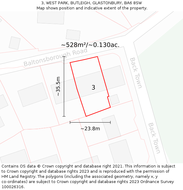 3, WEST PARK, BUTLEIGH, GLASTONBURY, BA6 8SW: Plot and title map