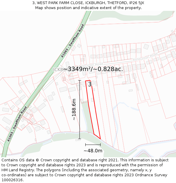 3, WEST PARK FARM CLOSE, ICKBURGH, THETFORD, IP26 5JX: Plot and title map