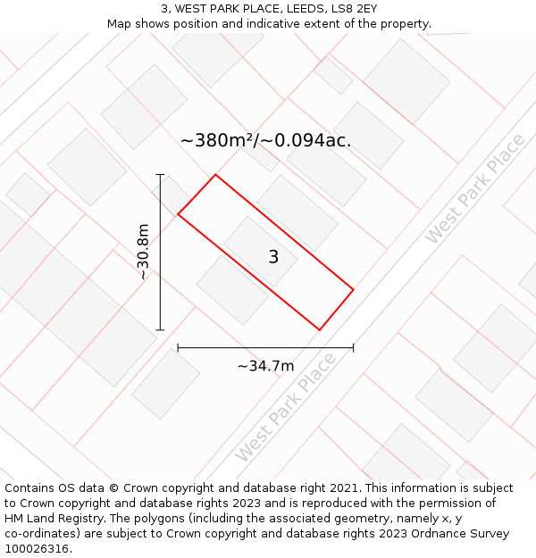 3, WEST PARK PLACE, LEEDS, LS8 2EY: Plot and title map