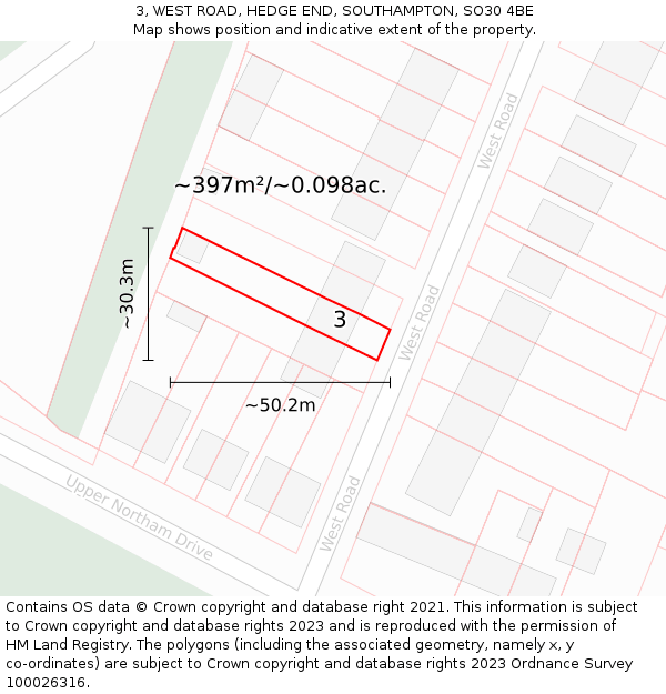 3, WEST ROAD, HEDGE END, SOUTHAMPTON, SO30 4BE: Plot and title map