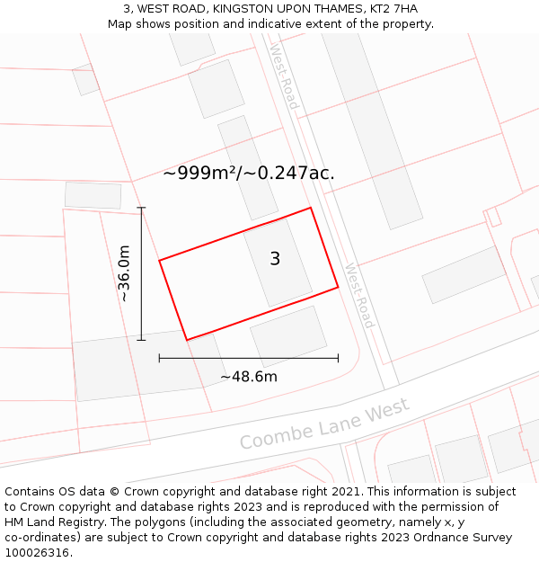 3, WEST ROAD, KINGSTON UPON THAMES, KT2 7HA: Plot and title map