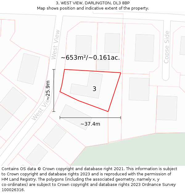 3, WEST VIEW, DARLINGTON, DL3 8BP: Plot and title map