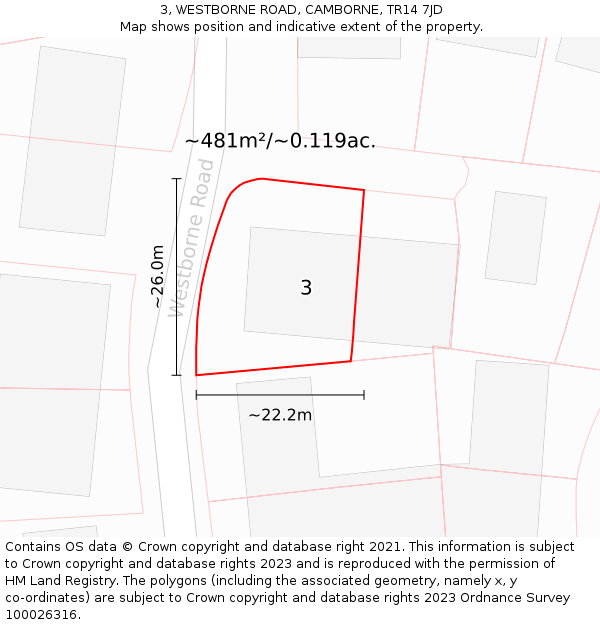 3, WESTBORNE ROAD, CAMBORNE, TR14 7JD: Plot and title map