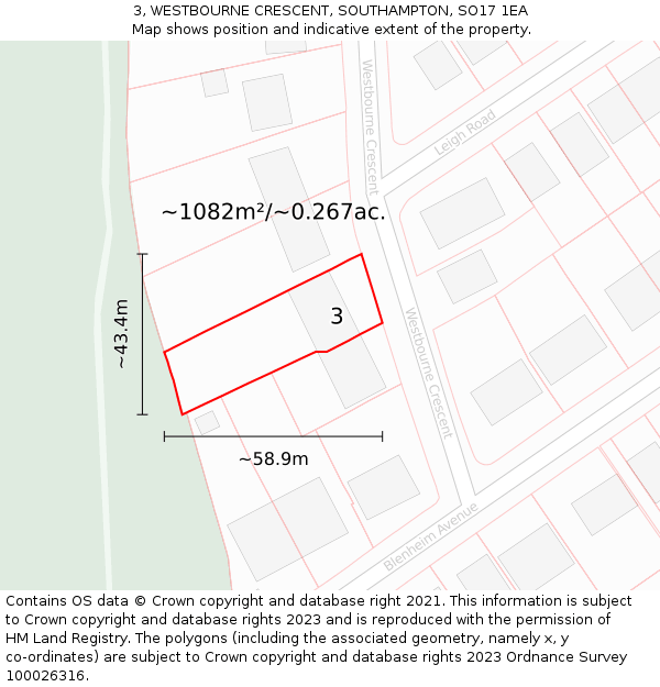3, WESTBOURNE CRESCENT, SOUTHAMPTON, SO17 1EA: Plot and title map