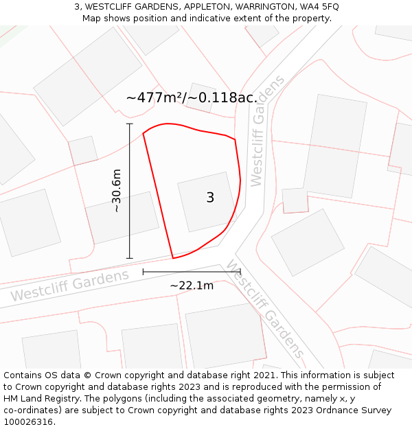 3, WESTCLIFF GARDENS, APPLETON, WARRINGTON, WA4 5FQ: Plot and title map