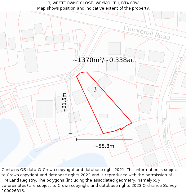 3, WESTDOWNE CLOSE, WEYMOUTH, DT4 0RW: Plot and title map