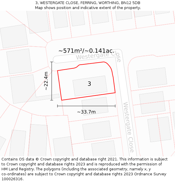 3, WESTERGATE CLOSE, FERRING, WORTHING, BN12 5DB: Plot and title map