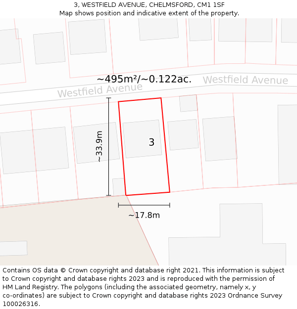 3, WESTFIELD AVENUE, CHELMSFORD, CM1 1SF: Plot and title map