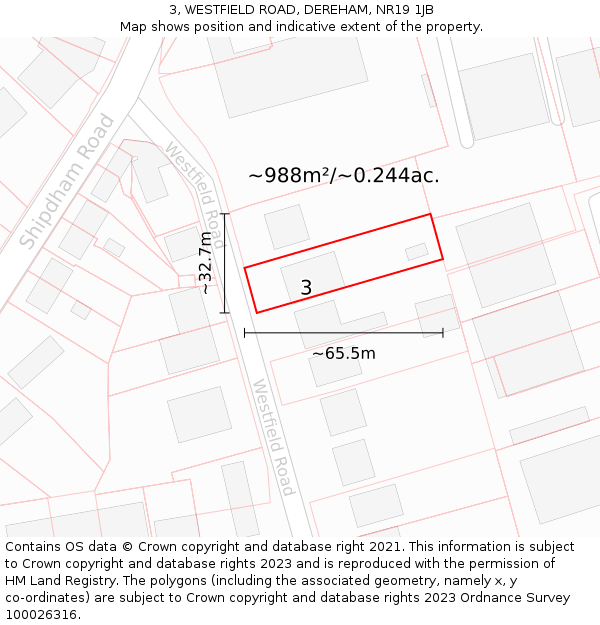 3, WESTFIELD ROAD, DEREHAM, NR19 1JB: Plot and title map