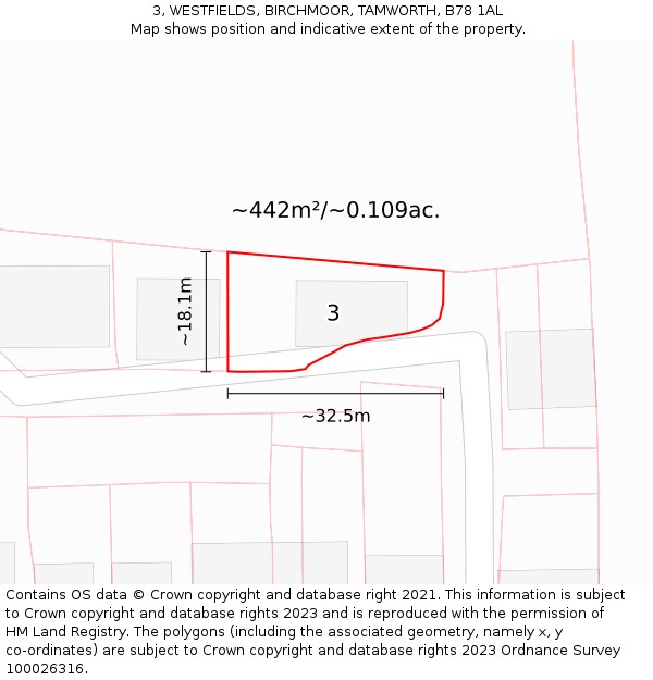 3, WESTFIELDS, BIRCHMOOR, TAMWORTH, B78 1AL: Plot and title map