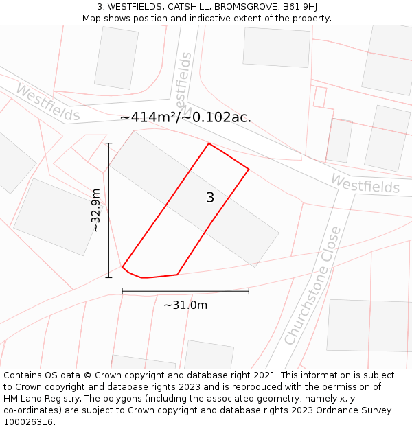 3, WESTFIELDS, CATSHILL, BROMSGROVE, B61 9HJ: Plot and title map