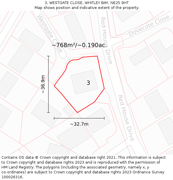 3, WESTGATE CLOSE, WHITLEY BAY, NE25 9HT: Plot and title map