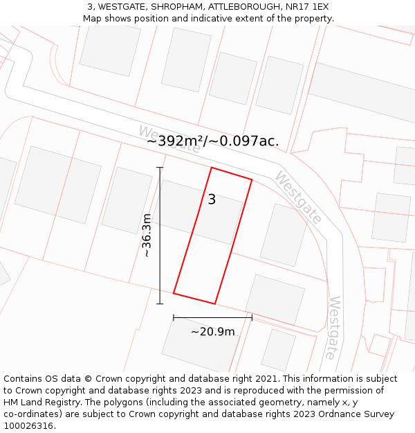 3, WESTGATE, SHROPHAM, ATTLEBOROUGH, NR17 1EX: Plot and title map