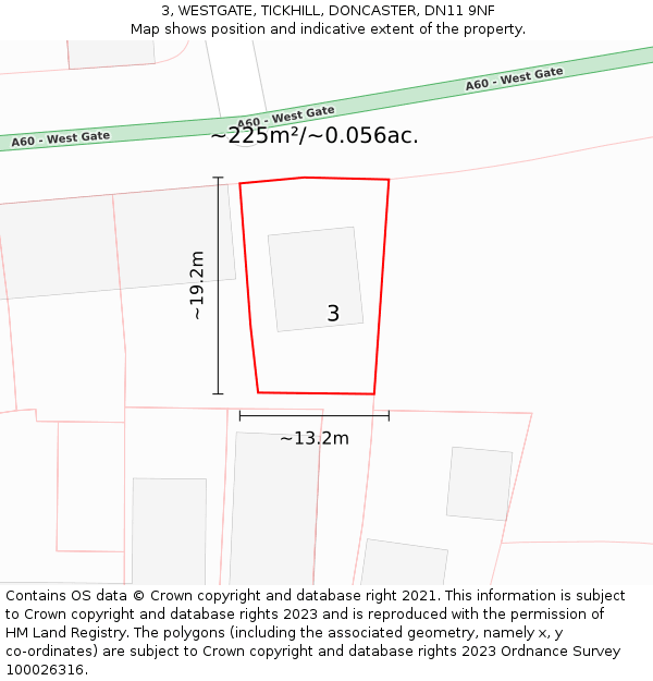 3, WESTGATE, TICKHILL, DONCASTER, DN11 9NF: Plot and title map