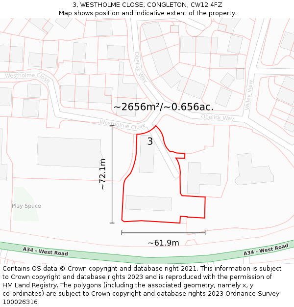 3, WESTHOLME CLOSE, CONGLETON, CW12 4FZ: Plot and title map