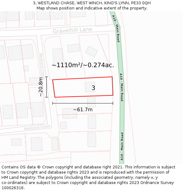 3, WESTLAND CHASE, WEST WINCH, KING'S LYNN, PE33 0QH: Plot and title map