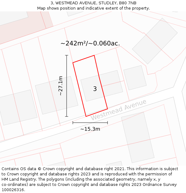 3, WESTMEAD AVENUE, STUDLEY, B80 7NB: Plot and title map