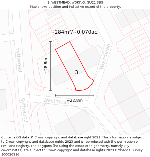3, WESTMEAD, WOKING, GU21 3BS: Plot and title map
