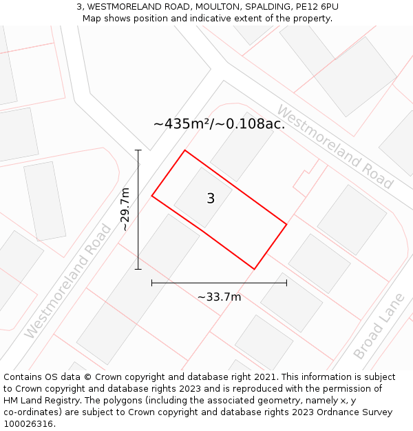 3, WESTMORELAND ROAD, MOULTON, SPALDING, PE12 6PU: Plot and title map