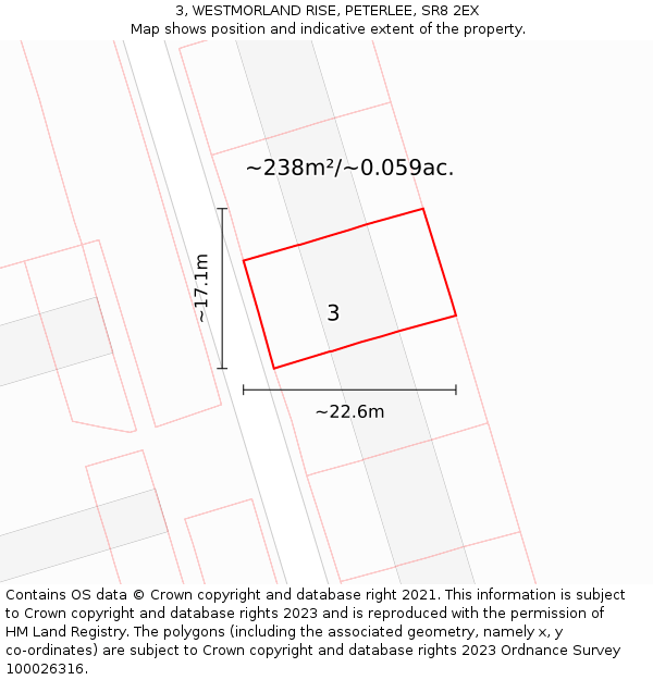 3, WESTMORLAND RISE, PETERLEE, SR8 2EX: Plot and title map