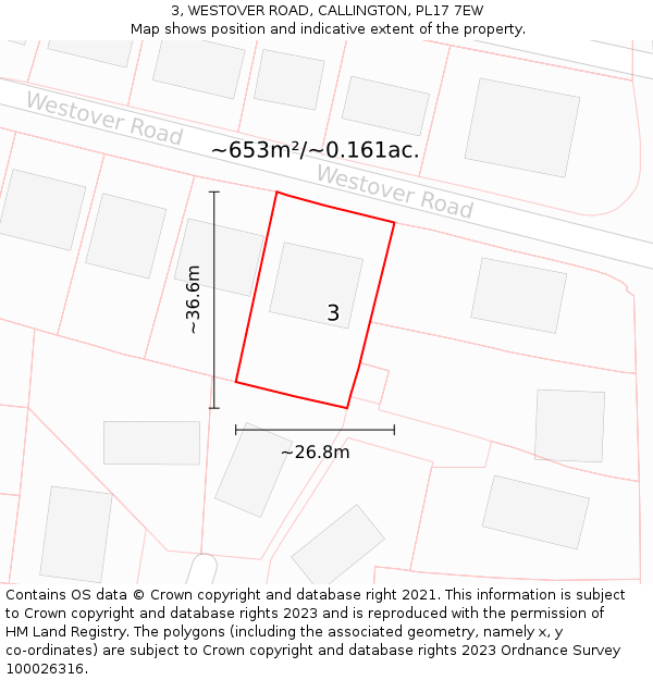 3, WESTOVER ROAD, CALLINGTON, PL17 7EW: Plot and title map