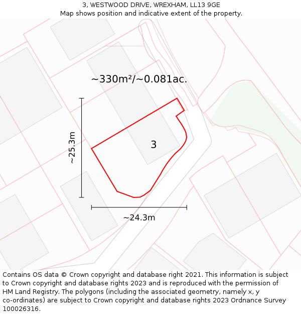 3, WESTWOOD DRIVE, WREXHAM, LL13 9GE: Plot and title map