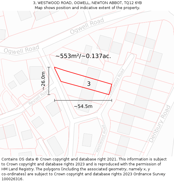 3, WESTWOOD ROAD, OGWELL, NEWTON ABBOT, TQ12 6YB: Plot and title map