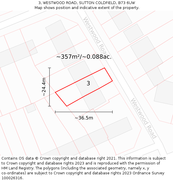 3, WESTWOOD ROAD, SUTTON COLDFIELD, B73 6UW: Plot and title map