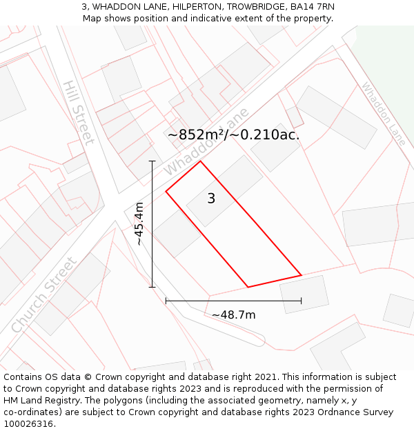 3, WHADDON LANE, HILPERTON, TROWBRIDGE, BA14 7RN: Plot and title map