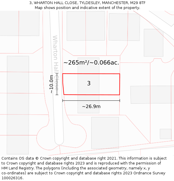 3, WHARTON HALL CLOSE, TYLDESLEY, MANCHESTER, M29 8TF: Plot and title map